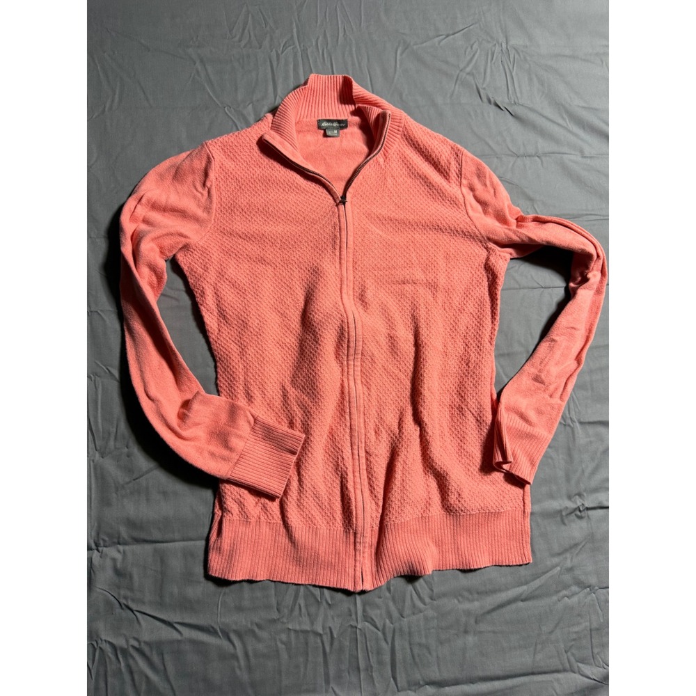 Eddie Bauer Full Zip Cardigan Women Medium Coral Good Textured Knit Mock Neck